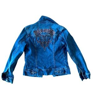 Authentic Harley Davidson denim jacket Small S Jean embroidered motorcycle patch